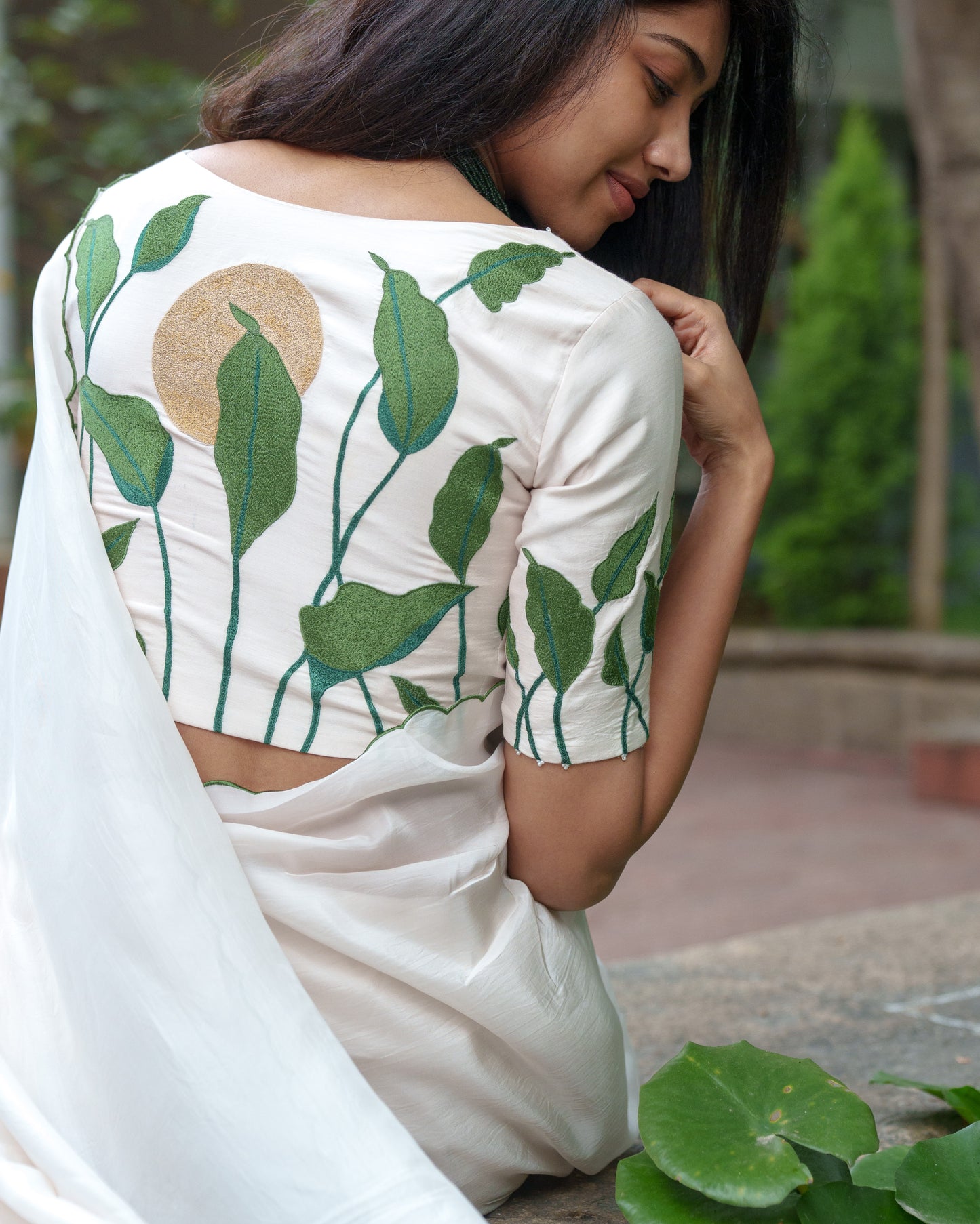 Creamy White Botanical Bliss Saree Set