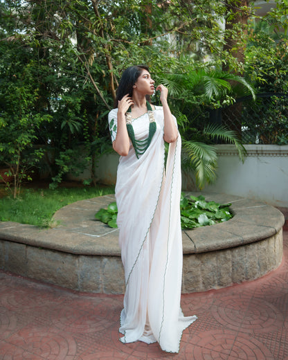 Creamy White Botanical Bliss Saree Set