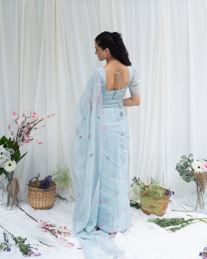 Blue Floral Symphony Saree Set