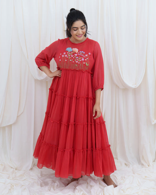 Frill & Flutter Dress in Red