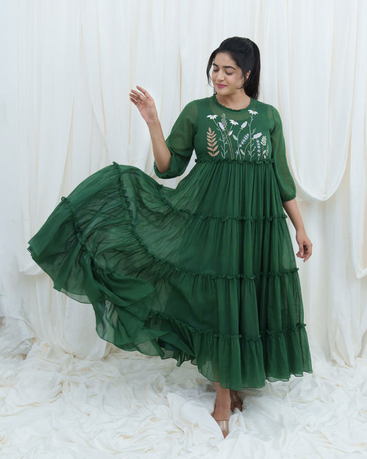 Frill & Flutter Dress in Green