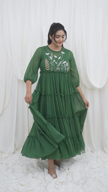 Frill & Flutter Dress in Green